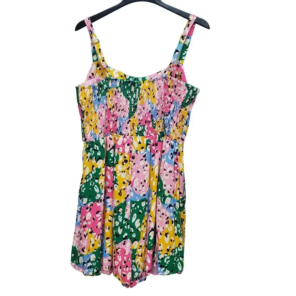 White Birch Romper Womens 1X Leopard Print Lined Multicolor Smocked Resortwear